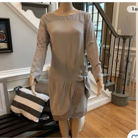 Reiss Gray Silk Long Sleeve Drop Waist Dress sz 6 EUC - Picture 1 of 5